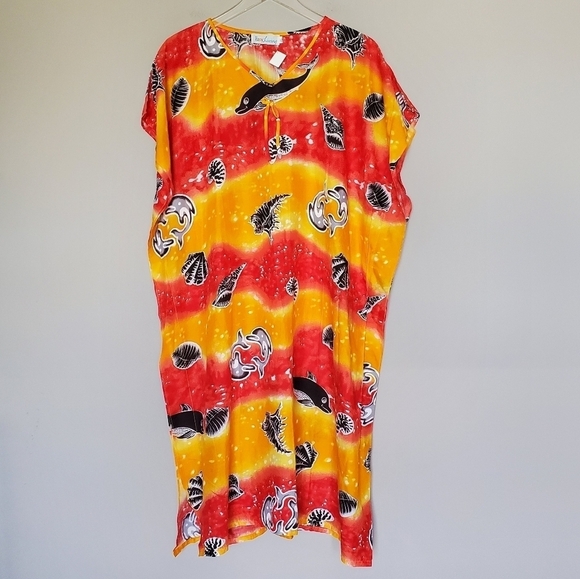 Easy Living Kaftan Womens XL Sea Life Print Longline Orange Pull-On Coverup XL - Picture 6 of 6